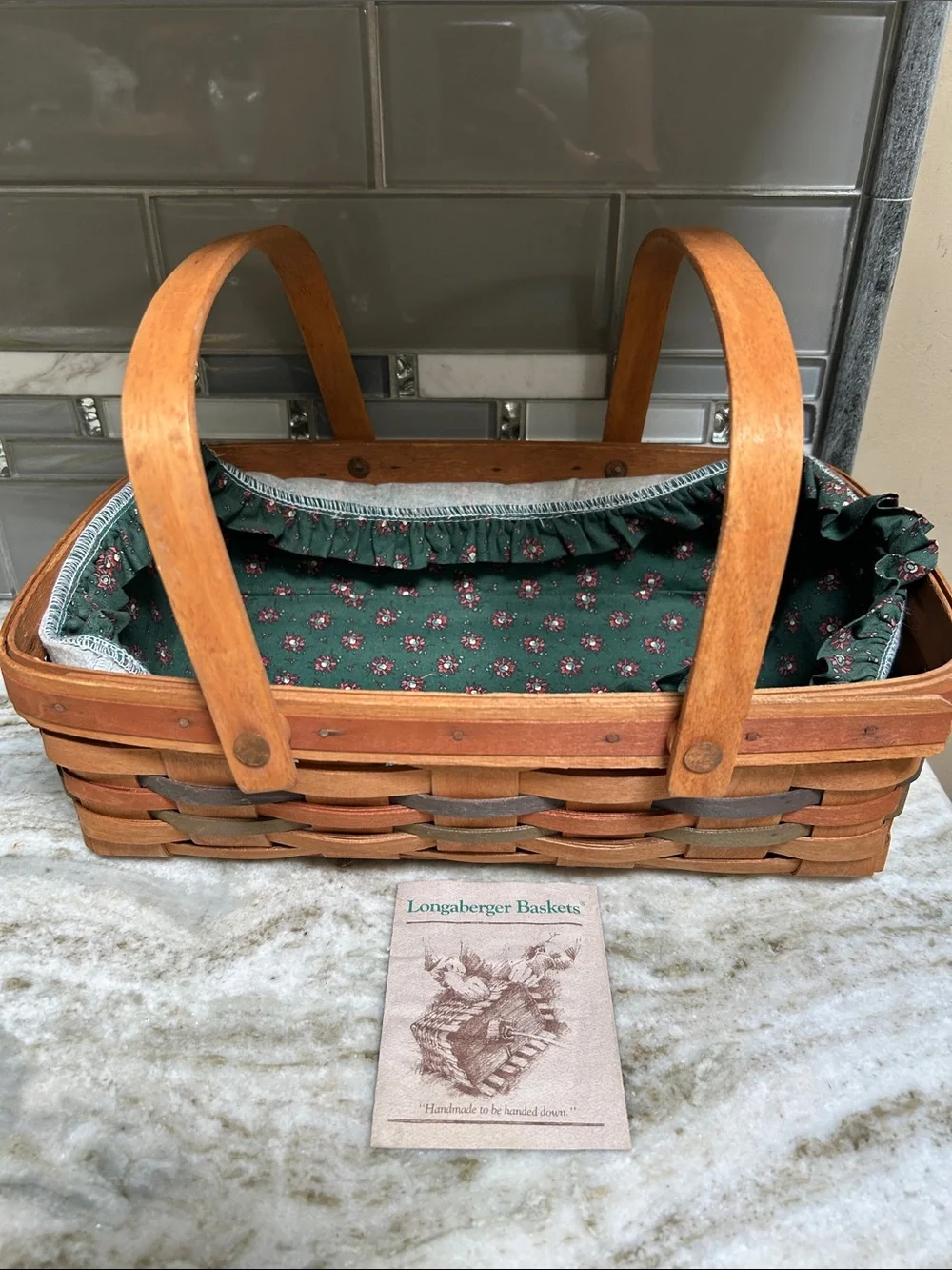 Longaberger 1997 Double Handle  Small Gathering Basket &Green Floral Lining 14”
